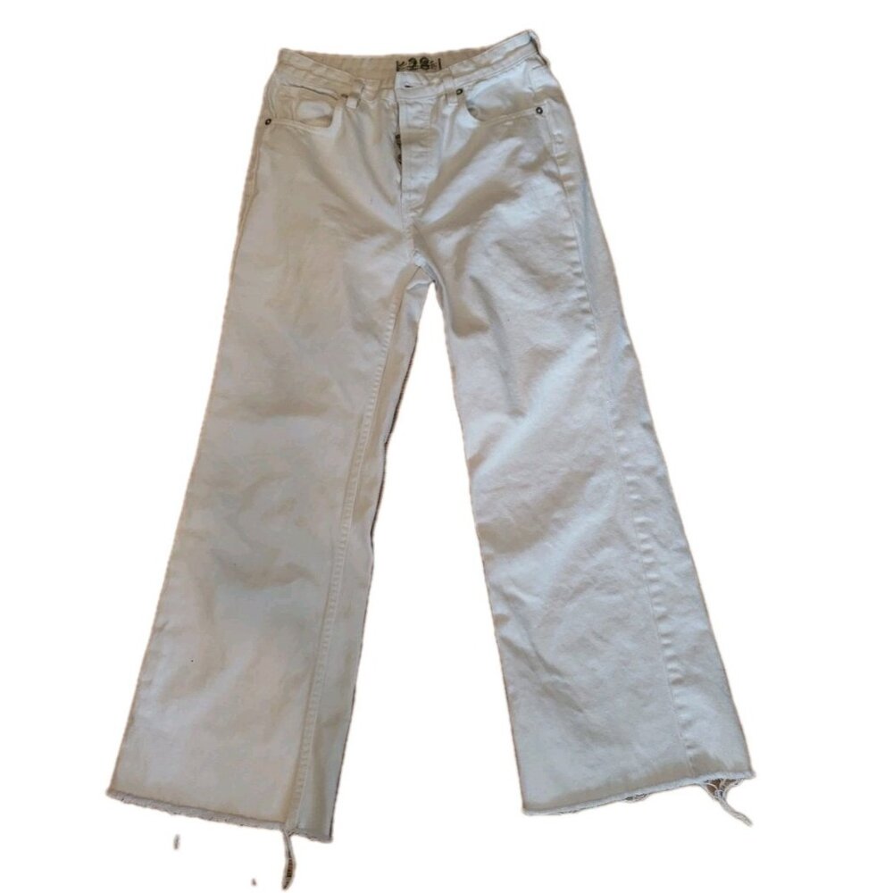 We The Free White Denim Button Fly Jeans Size 28 Frayed Hem Wide Leg 28 Inseam